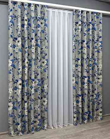 Комплект готових штор VR-Textil Льон з квітковим принтом "Прованс" № 1725ш Світло-сірий з синім 200х265 см 2 шт (32-313) Київ