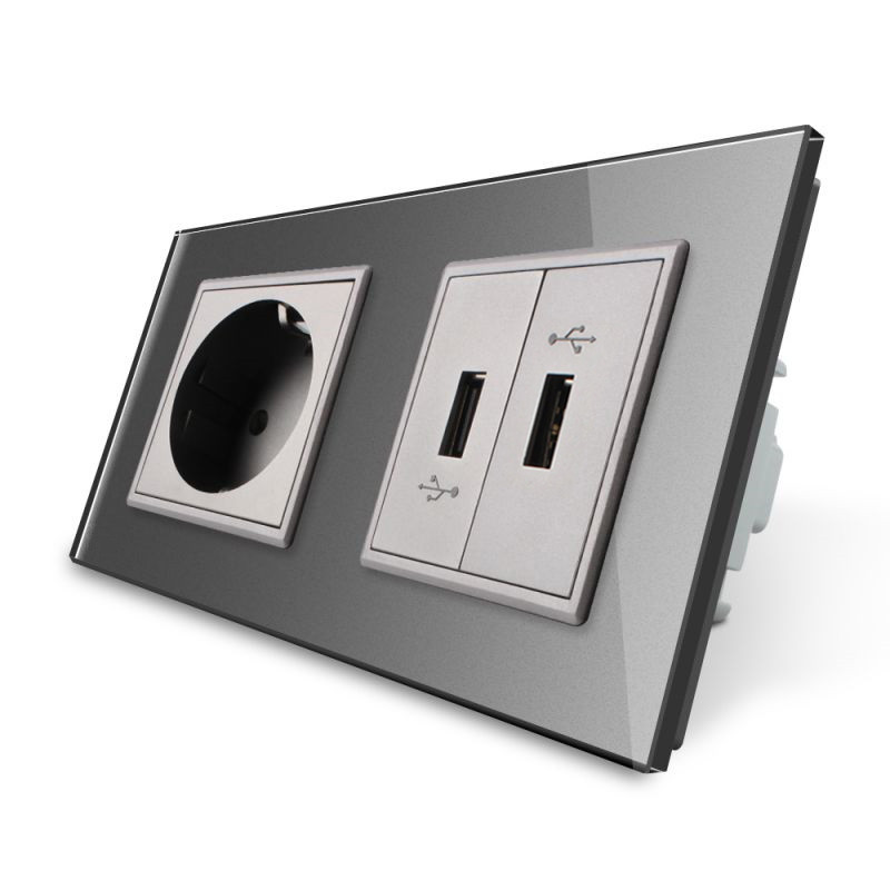 Розетка з заземленням з 2 USB розетками Livolo сірий скло (VL-C7C1EU2USB-15) Коломыя - изображение 8