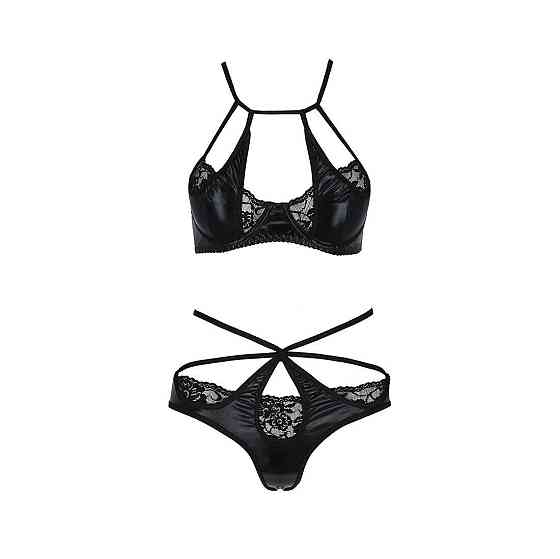 Комплект белья Passion Exclusive NAVEL SET L/XL, black, трусики и лиф с элементами под латекс Sex Aura Киев