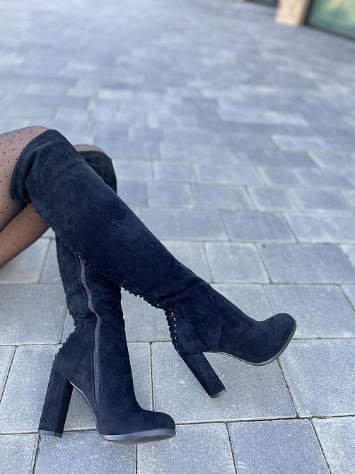 Ботфорти жіночі чорні з еко-замші на підборах весна-осінь демісезонні F736-T276-1 р. 37-38 Коломия - фото 2