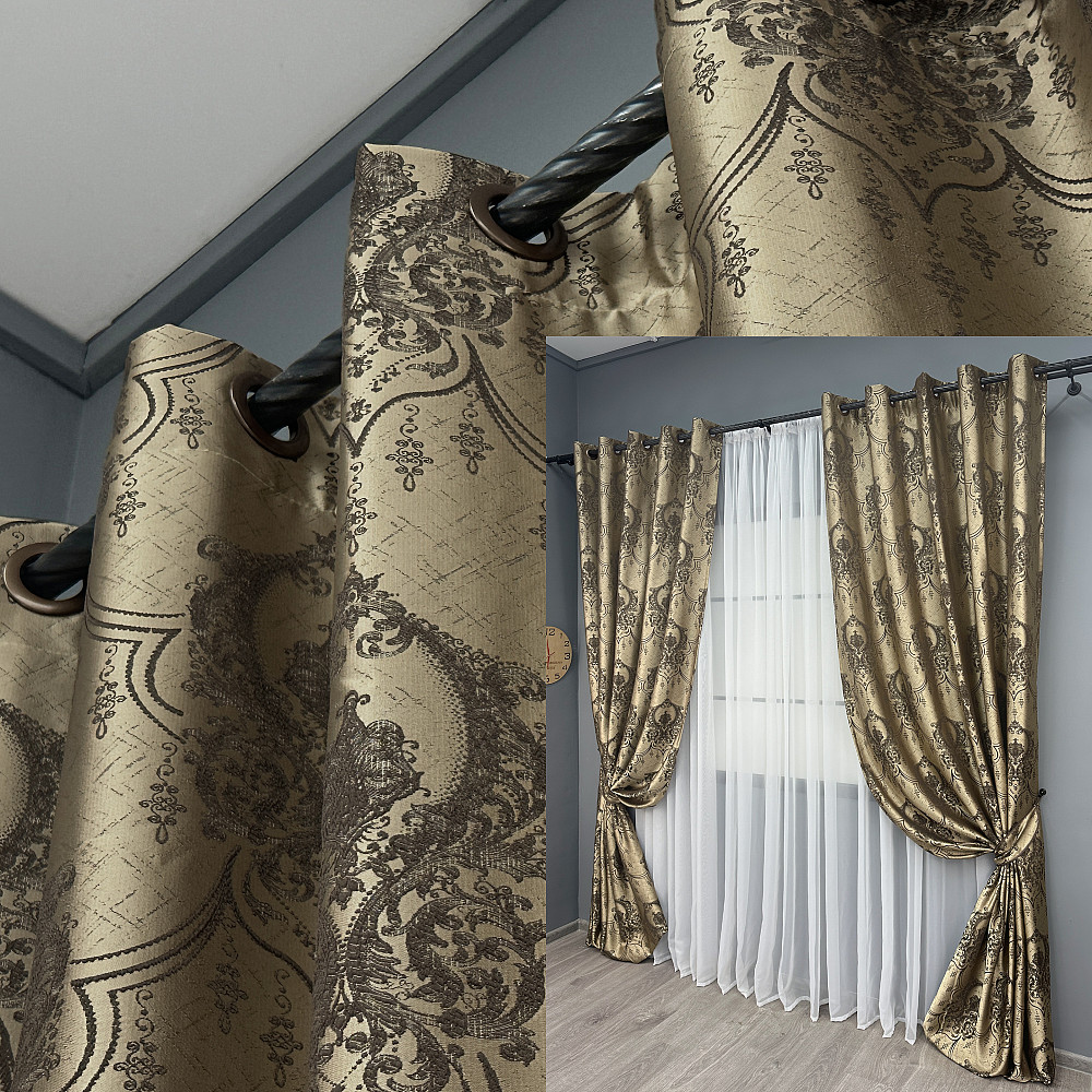 Комплект штор на люверсах VR-Textil Парча № 1775ш Бежевый с венге 155х270 см 2 шт (37-0259) Киев - изображение 1