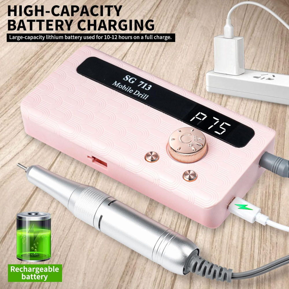 Професійний набір для манікюру та педикюру 45 000 об/хв, акумуляторна фреза для нігтів, 13 фрез, LED-дисплей, рожева Київ - фото 8