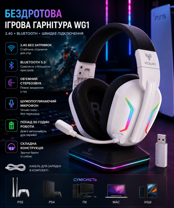 Беспроводная игровая гарнитура WESEARY WG1 2.4 ГГц Bluetooth для PS5 PS4 ПК Switch Mac, 50 часов, белый Киев - изображение 1