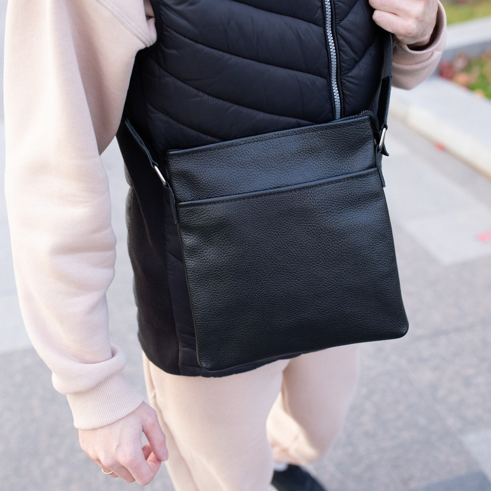 Барсетка чоловіча з натуральної шкіри через плече містка каркасна, чорнаMasterSem Київ - фото 8