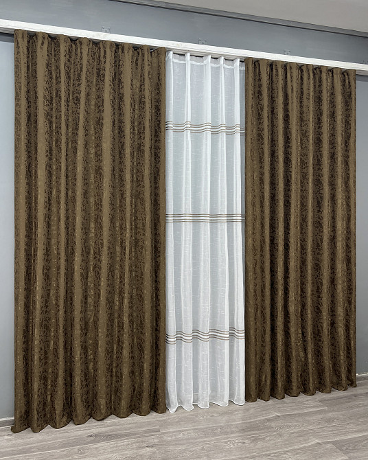 Комплект штор VR-Textil Льон Мармур 150х270 2шт і Тюль 600х270 1261ш-1429т Коричневий з білим 71-176/5 Київ - фото 3