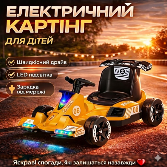 Електричний картинг дитячий з LED підсвіткою, акумуляторний карт для дітей, швидкісний, спортивний дизайн Київ