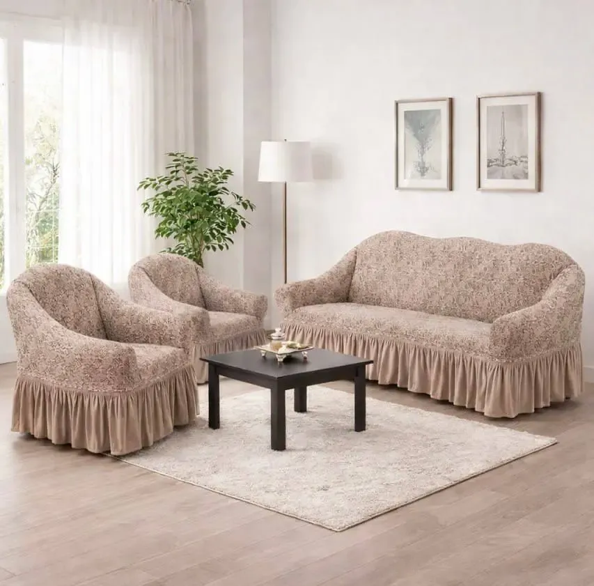 Жаккардовый турецкий чехол на диван и два кресла, универсальный натяжной чехол, накидка на диван Бежевый Коломыя - изображение 1