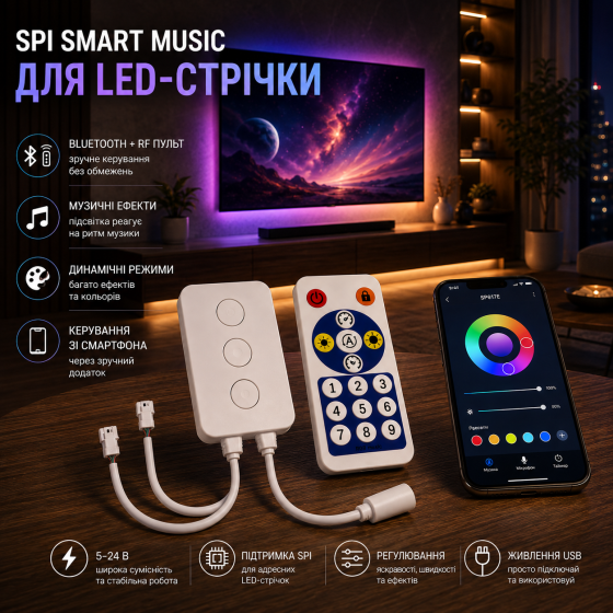 SPI Smart Music для адресной LED-ленты, Bluetooth+RF пульт, музыкальные эффекты, 5–24 В Киев