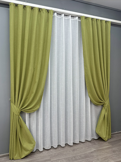 Комплект штор VR-Textil Лен Мешковина 200х270 2шт и Тюль 500х270 106-115т Оливковый с белым 71-025/6 Киев - изображение 2