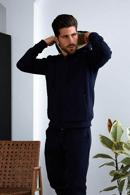 Мужской теплый костюм двойка трехнитка на флисе с мехом овчины Темно-синий, 44 Одесса - изображение 3