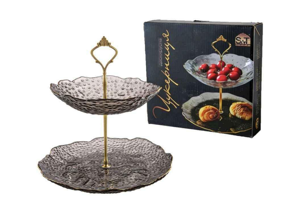 Цукерниця 2х ярусна Агат золотий кант 30088-2 ТМ SNT Київ - фото 1