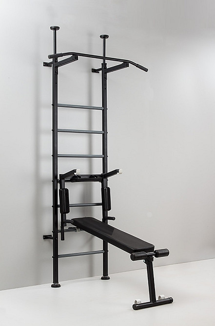 Шведская стенка для взрослых и детей металлическая черная с турником брусьями крепление под штангу лавка Каменское - изображение 3