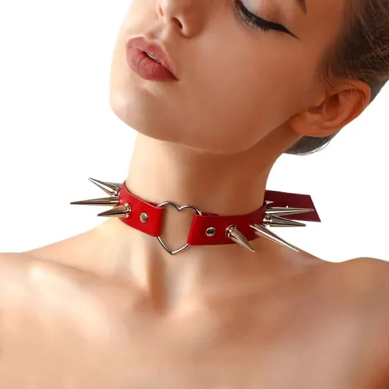 Чокер серце з великими шипами, із натуральної шкіри Art of Sex - Crystal, колір Червоний Львів