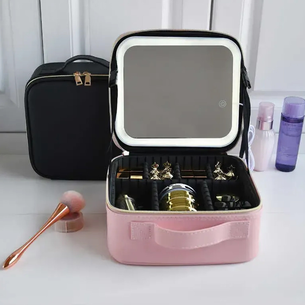 Косметичка дорожня з LED дзеркалом (26х23х11см), Рожева / Косметичка з дзеркалом і підсвічуванням / Кейс косметичка Київ - фото 2