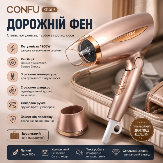 Фен CONFU KF-3115 1200W, складний професійний фен з іонізацією та 3 режимами температури Київ