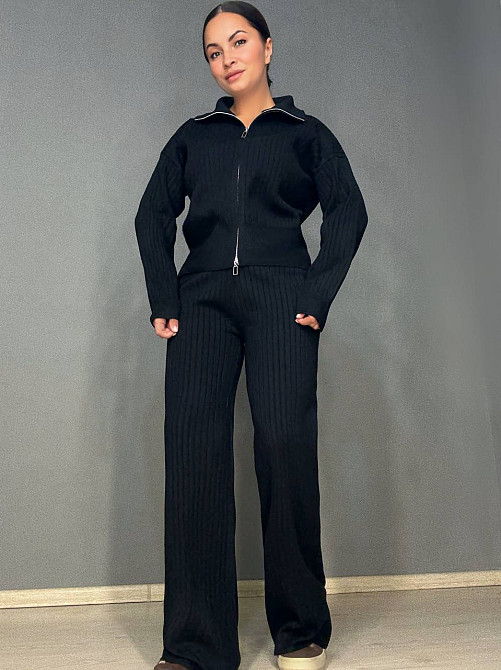 Костюм жіночий Joy One 376 вʼязаний в рубчик з кофтою на блискавці та брюками палаццо, чорний, one size Київ - фото 10