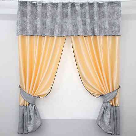 Кухонные шторы VR-Textil № 073к с ламбрекеном и подхватами персиковый с серым 270х170 см (52-0203) Киев