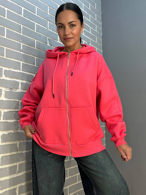 Толстовка жіноча Quzen 482 подовжена на блискавці капюшон базова оверсайз фліс утеплена one size, ма Одеса - фото 3
