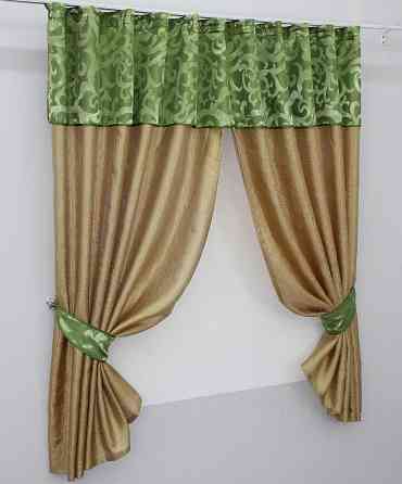 Кухонные шторы VR-Textil № 073к с ламбрекеном и подхватами золотистый с салатовым 275х170 см (52-0050) Киев