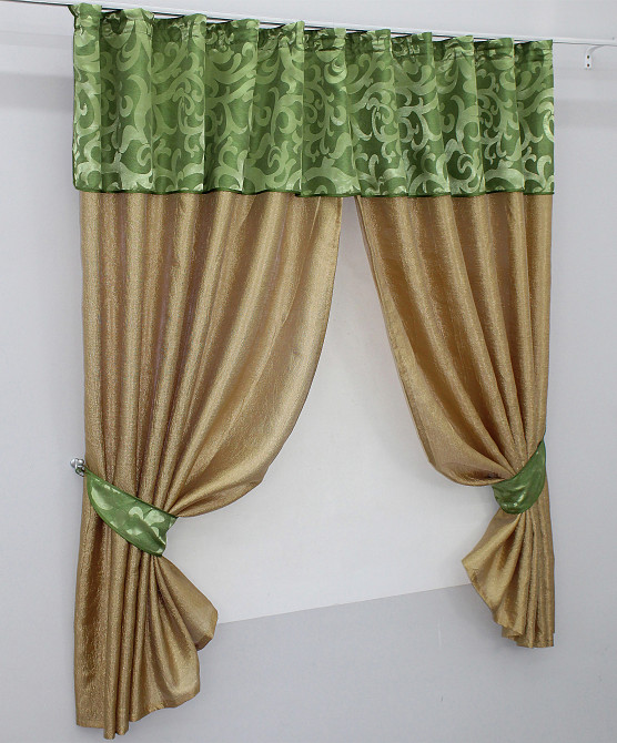 Кухонные шторы VR-Textil № 073к с ламбрекеном и подхватами золотистый с салатовым 275х170 см (52-0050) Киев - изображение 2