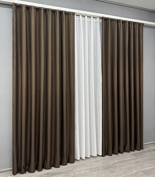 Комплект штор VR-Textil рогожка преміум TERRA LUXE 200х270 2шт і Тюль 500х270 1861ш-115т шоколадний з білим 71-079/6 Київ - фото 3
