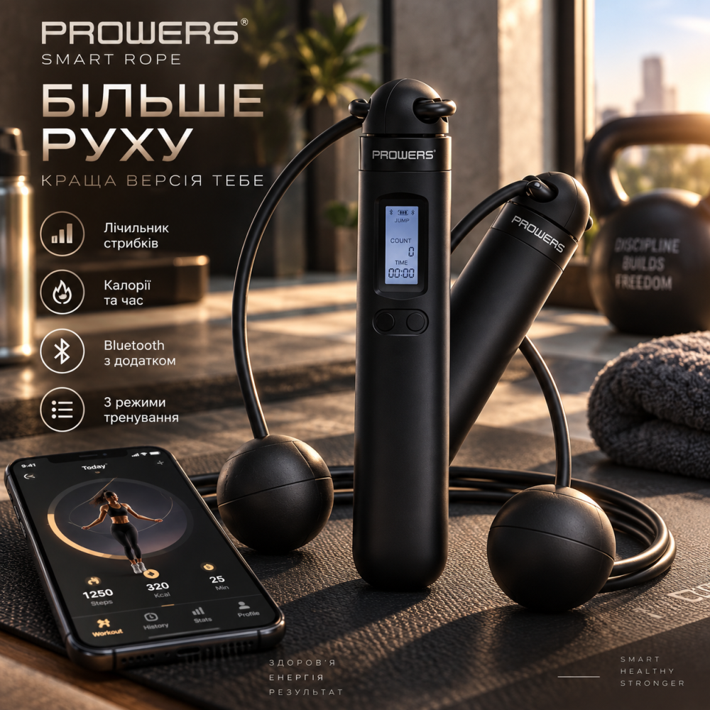 Розумна скакалка PROWERS Smart Rope, бездротова з лічильником стрибків і калорій, Bluetooth, 3 режими тренування, чорна Київ - фото 1