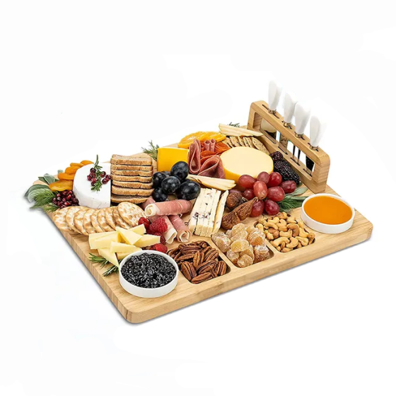 Доска деревянная,сервировочная для закусок и сыра менажница бамбуковая с набором ножей и вилок 43х33х2см Каменец-Подольский