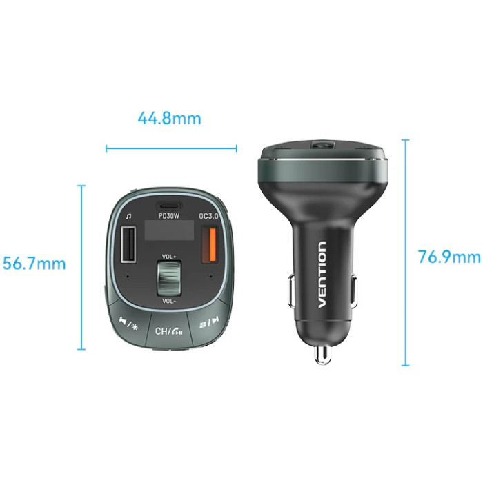 Автомобільний FM-трансміттер Vention PD 54W 3-Port USB (C+A+A) LED/USB Flash/Bluetooth, вольтметр Вінниця - фото 9