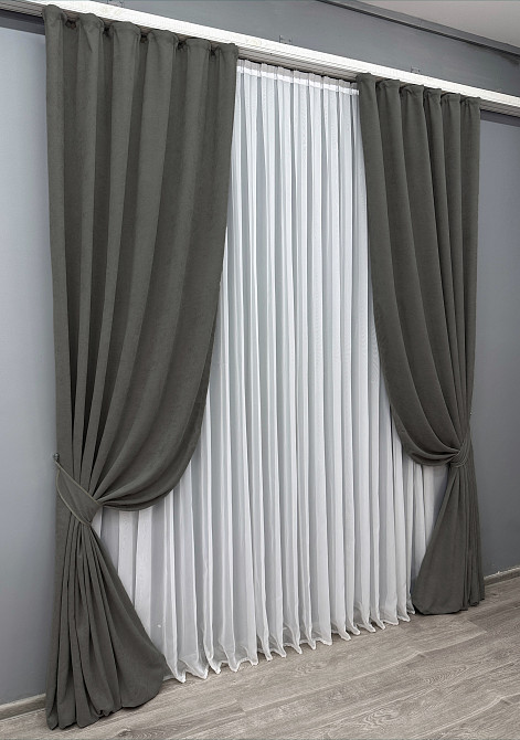 Комплект готовых штор VR-Textil Микровелюр Petek YL № 1703ш Темно-серый 150х295 см 2 шт (33-0609) Киев - изображение 3