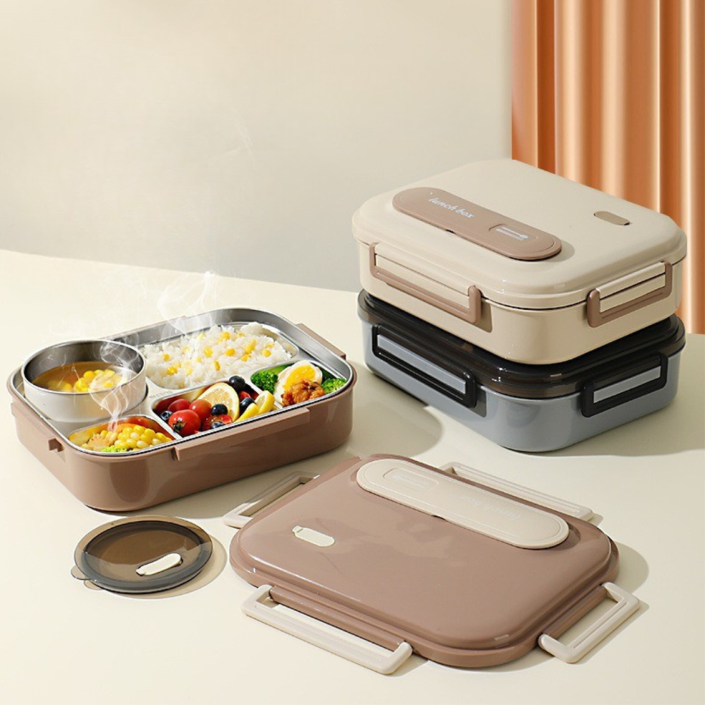 Ланч-бокс для горячей и холодной еды с контейнером из нержавеющей стали,столовыми приборами и ёмкостью для супа, коричневый Каменец-Подольский - изображение 2