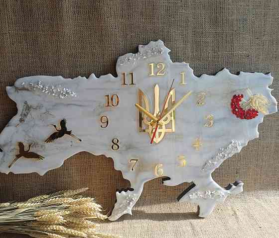 Годинник настінний 100*65 см з епоксидної смоли ручної роботи "Карта України" Дніпро