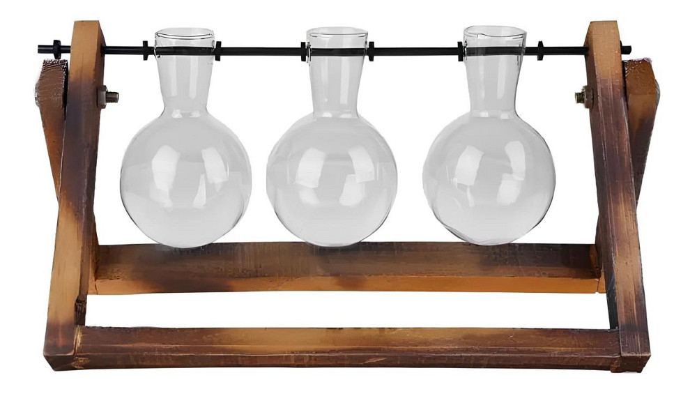 Декоративная ваза RESTEQ с тремя стеклянными колбами на деревянной подставке — стильный аксессуар для цветов и растений Киев - изображение 7