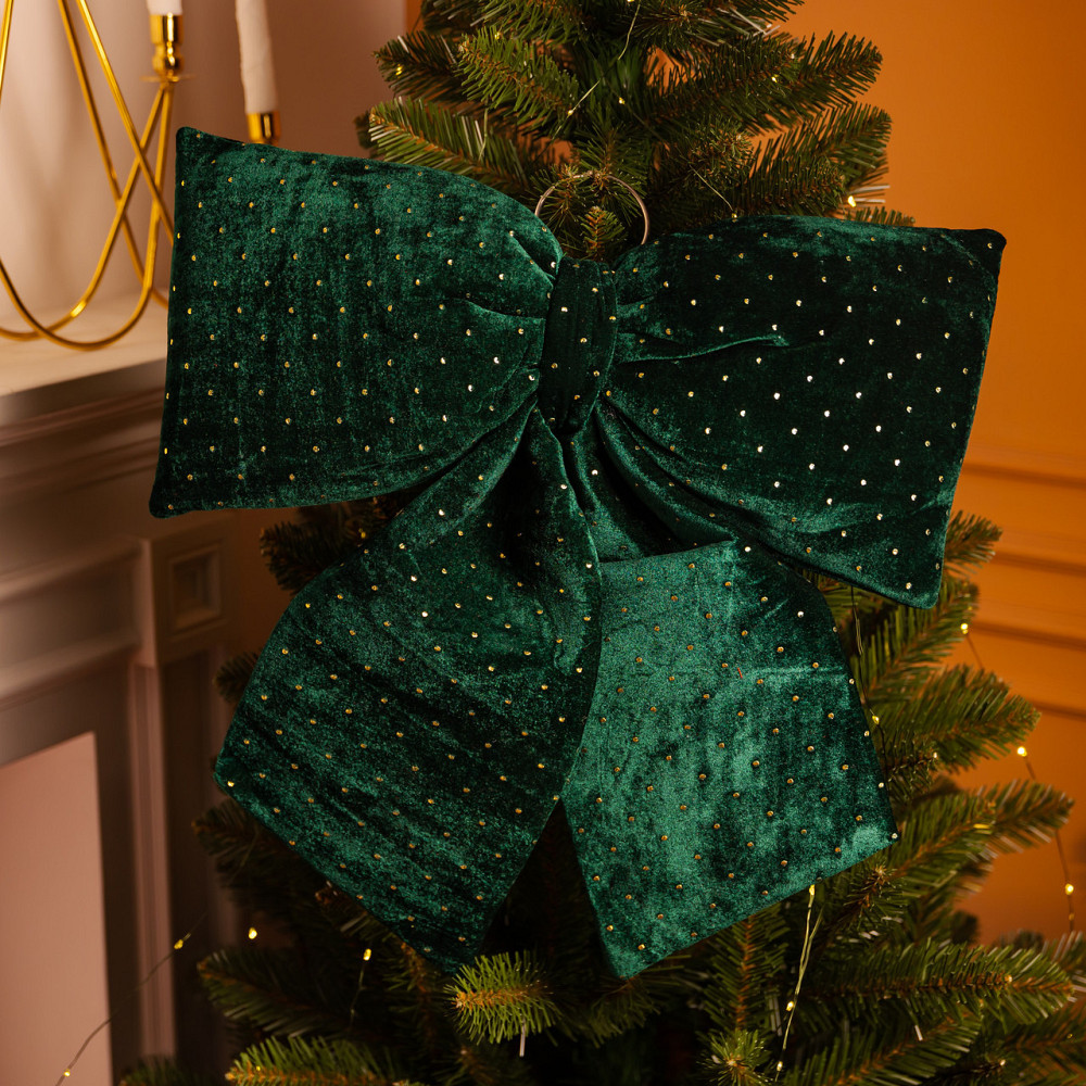 Оксамитовий бант для декору зі стразами на ялинку 55×70 (см) Зелений CR-2-9 Київ - фото 2