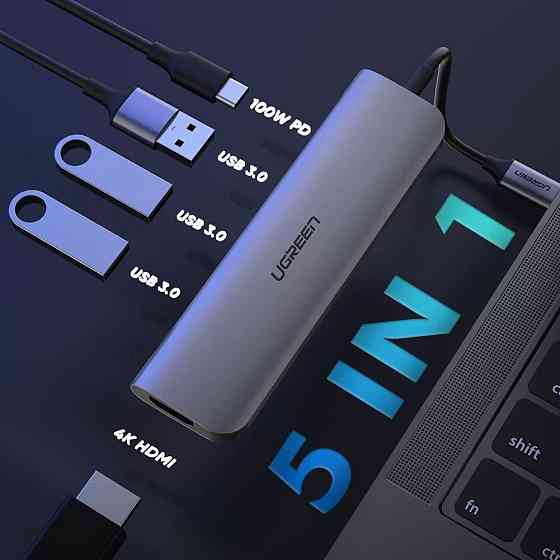 Многопортовый хаб Ugreen CM136 5-in-1 HUB Adapter 50209 (Серый, Type-C to 3xUSB 3.0/PD/4K HDMI) Николаев