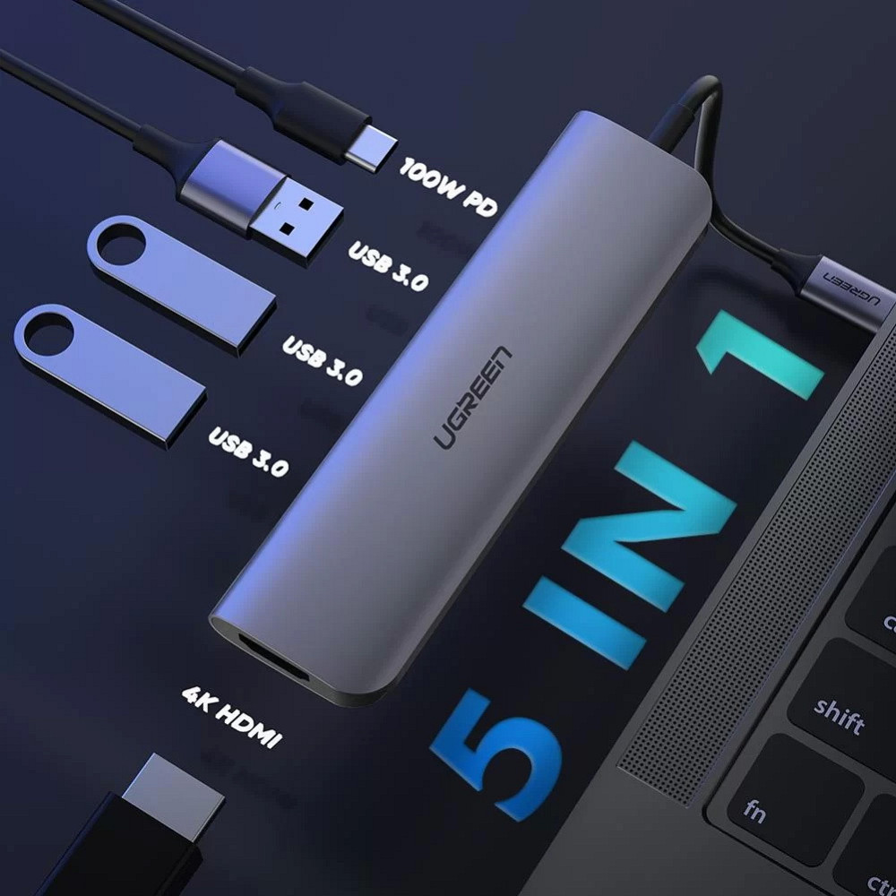 Многопортовый хаб Ugreen CM136 5-in-1 HUB Adapter 50209 (Серый, Type-C to 3xUSB 3.0/PD/4K HDMI) Николаев - изображение 3