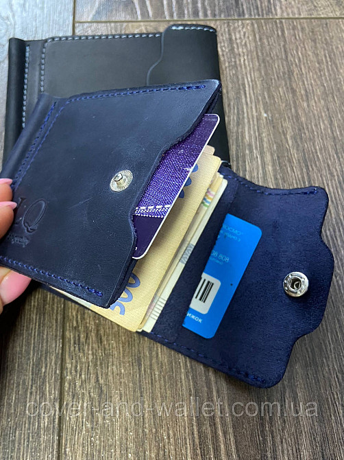 Кожаный зажим для купюр и карточек на кнопке синего цвета LQ Leather Киев - изображение 2