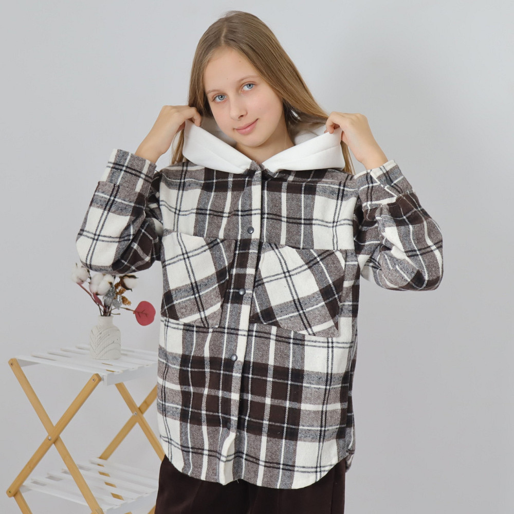 Детская теплая байковая рубашка в коричневую клетку с капюшоном, для мальчика, для девочки 98 Каменец-Подольский - изображение 3