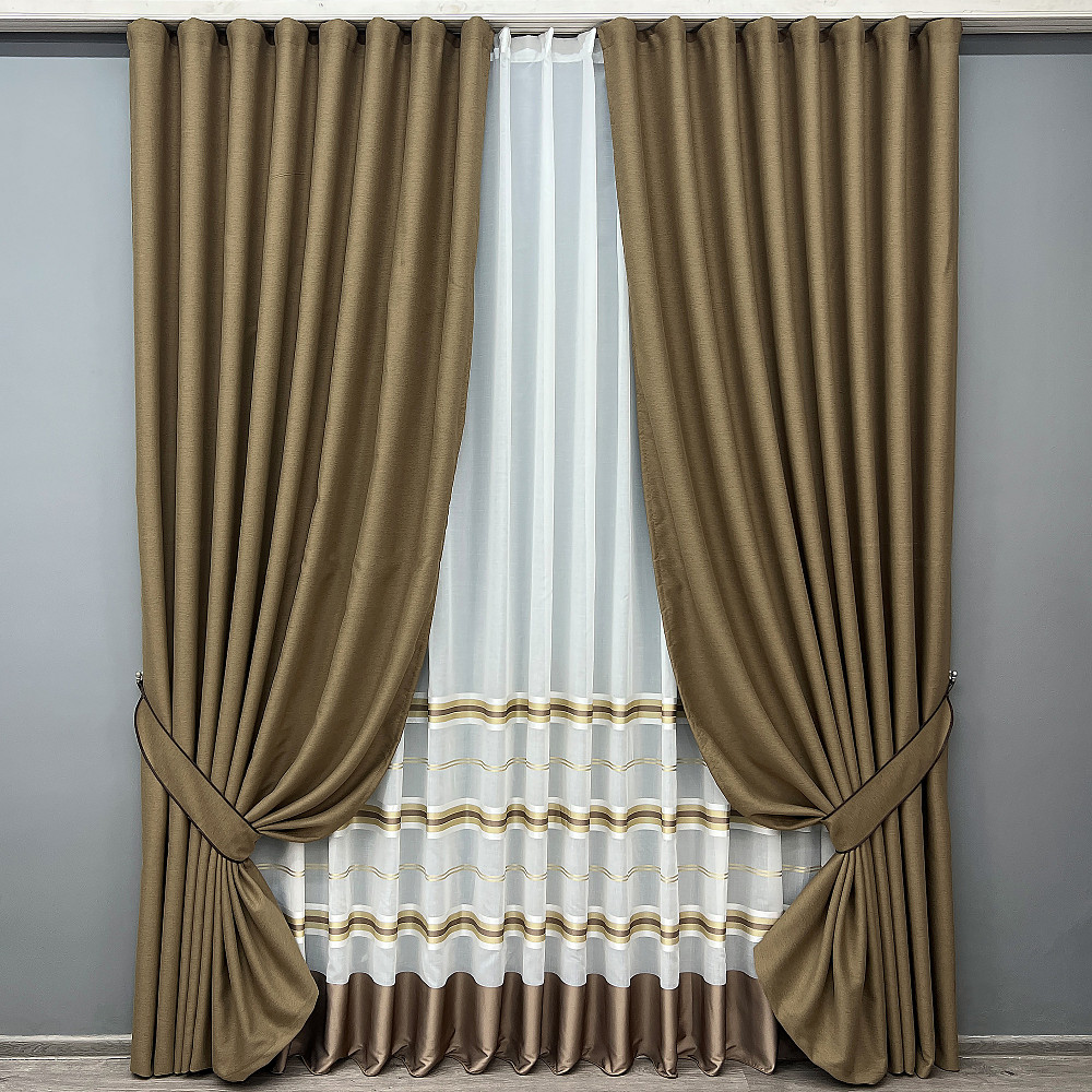 Комплект штор VR-Textil блэкаут Eclipse 200х270 2шт и Тюль 600х270 1795ш-1579т Миндальный с молочным 71-162/7 Киев - изображение 1