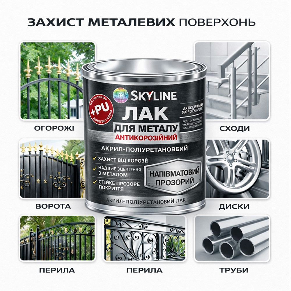 Лак для металу Skyline напівматовий прозорий акрил-поліуретановий антикорозійний без запаху 750 мл Харків - фото 3