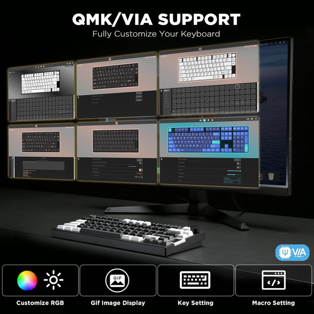 Алюмінієва механічна клавіатура YUNZII AL80 Black: РК-дисплей, Gasket Mount, BT/2.4G/USB-C, QMK/VIA, Cocoa Cream v2 Київ - фото 4