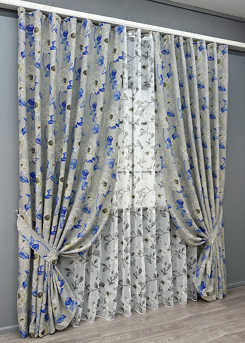 Комплект штор VR-Textil Льон Прованс 200х270 2шт і Тюль 500х270 2078ш-1681т Світло-сірий з синім та білим 71-207/6 Київ - фото 2