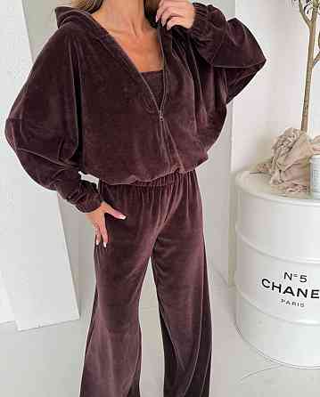 Жіночий плюшевий костюм-трійка: кофта топ і штани з велюру Шоколад, 42/44 Одеса