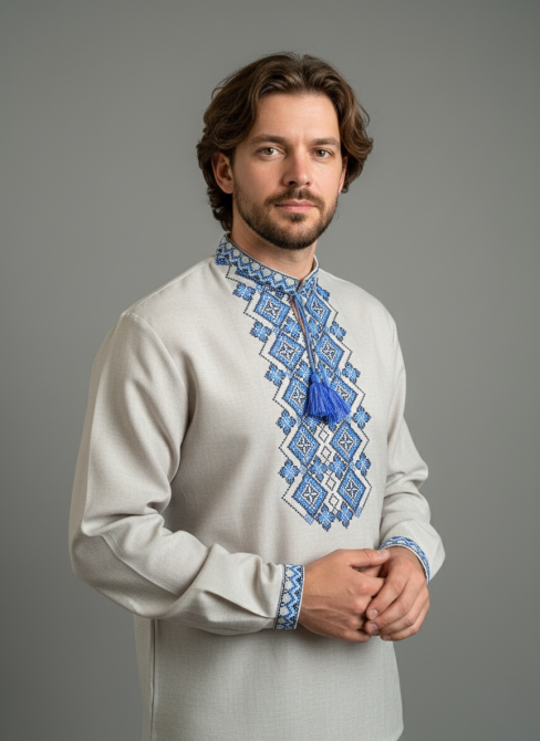 Українська чоловіча вишиванка з довгим рукавом в кольорі беж Київ - фото 2