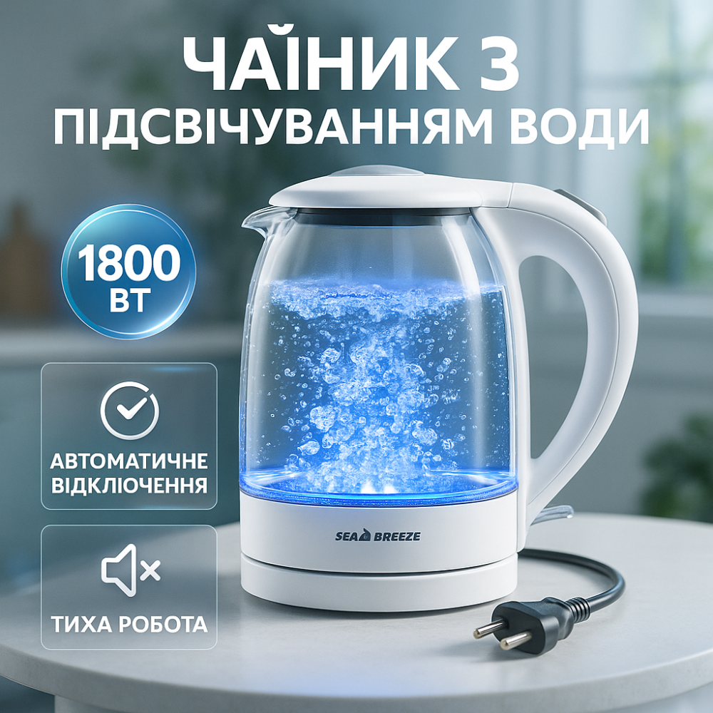 Електрочайник стильний SeaBreeze SB-015 1.8 л, Електрочайник на кухню, Чайник скляний електричний FG-69 Львів - фото 14