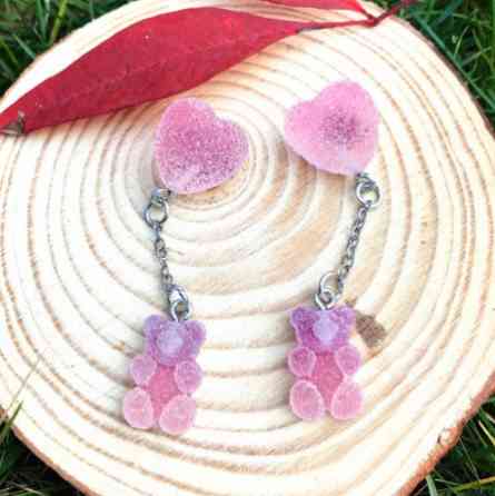 Серьги мармеладные мишки сиреневые - длина 5см, размер мишки 1,6*1см, смола Киев