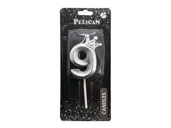 Свеча-цифра 9 6см серебро 3D с короной арт.863119 ТМ PELICAN Киев