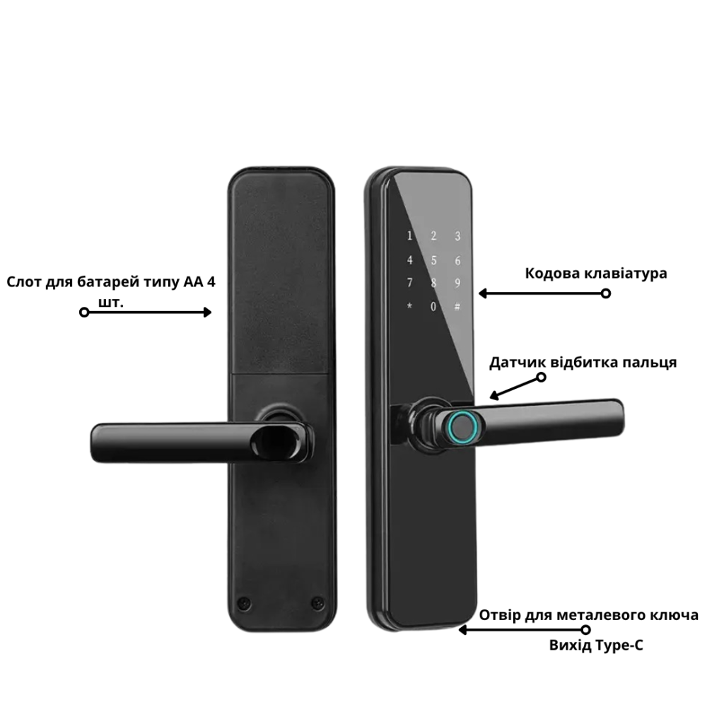 Смарт замок кодовий розумний дверний KHS-N8 з відбитком пальця і ключ-картою, чорний Кам'янець-Подільський - фото 2