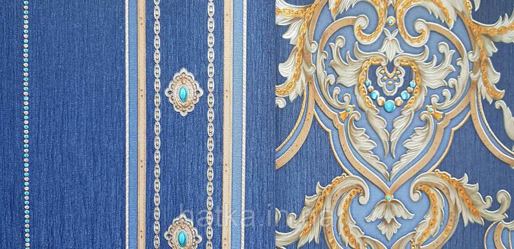 Шпалери вінілові на флізеліні AdaWall Seyyah 1.06х10 вензелю завитки великі структурні золотом на синьому Київ - фото 2