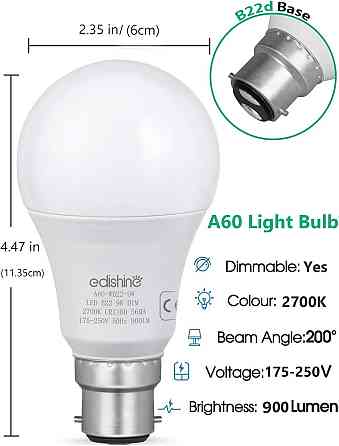 Светодиодные лампы EDISHINE B22 A60 10 Вт, 800 лм, 2700K, диммируемые 10–100%, аналог 60 Вт, 6 шт Киев