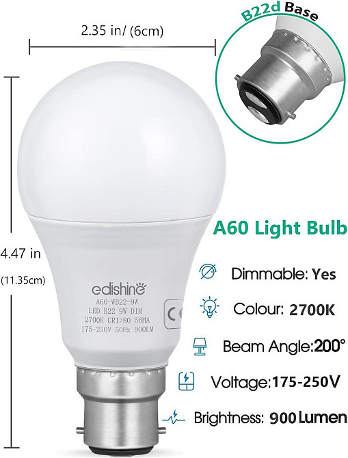 Светодиодные лампы EDISHINE B22 A60 10 Вт, 800 лм, 2700K, диммируемые 10–100%, аналог 60 Вт, 6 шт Киев - изображение 6